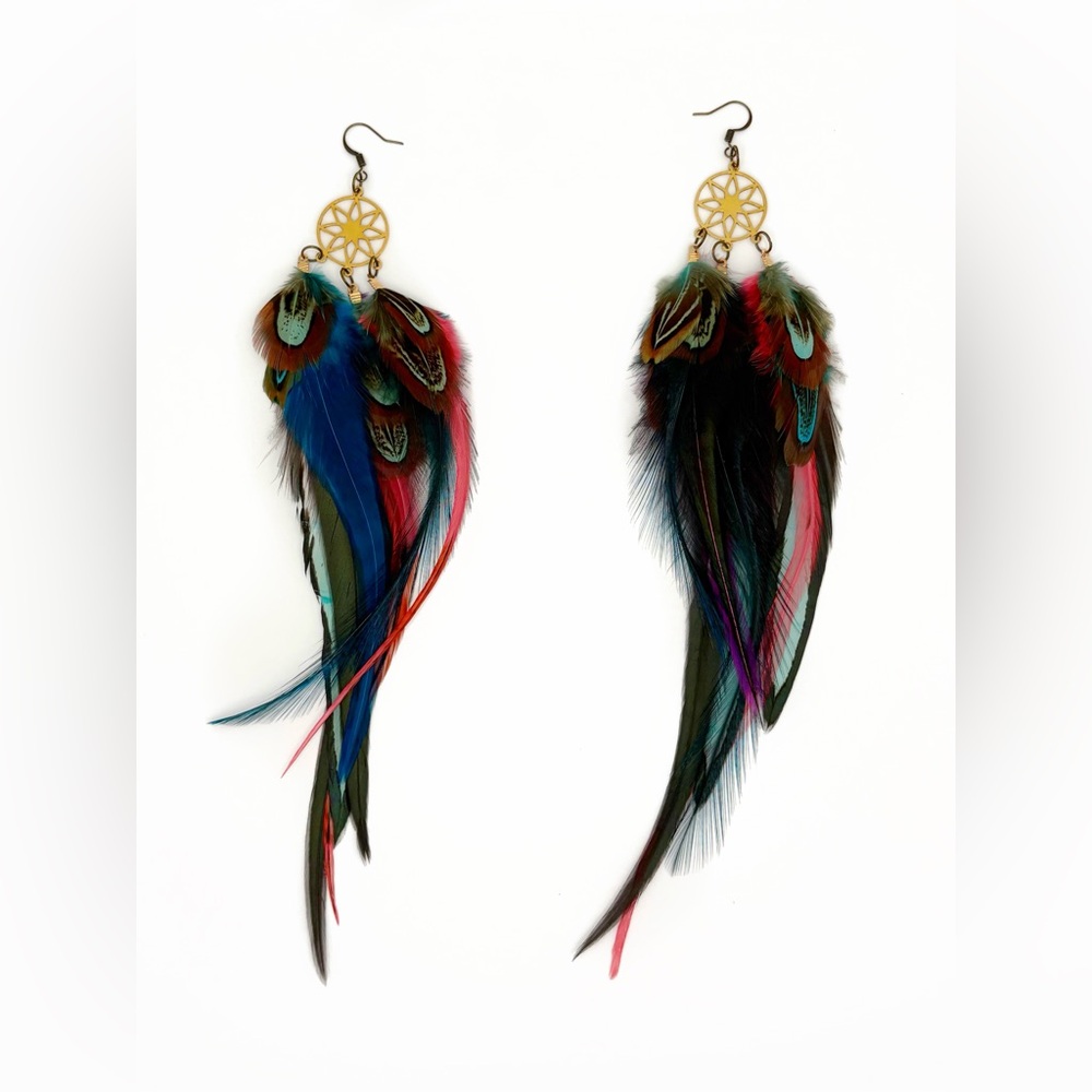 Colorful Feather dreamcatcher Earrings in blues and pink